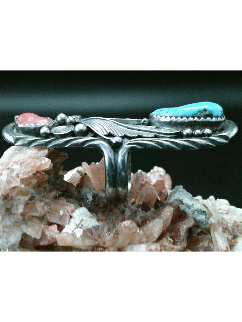 Handcrafted Sterling Silver Turquoise & Coral Navajo Ring With Feather Motif - S